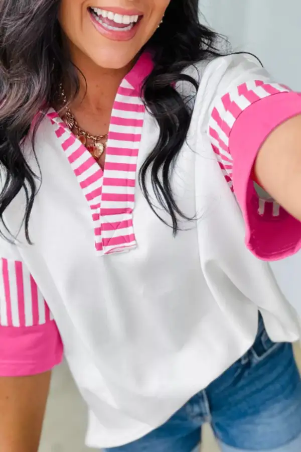 Striped Contrast Blocked Patchwork Polo Collar Half Sleeve T-Shirt