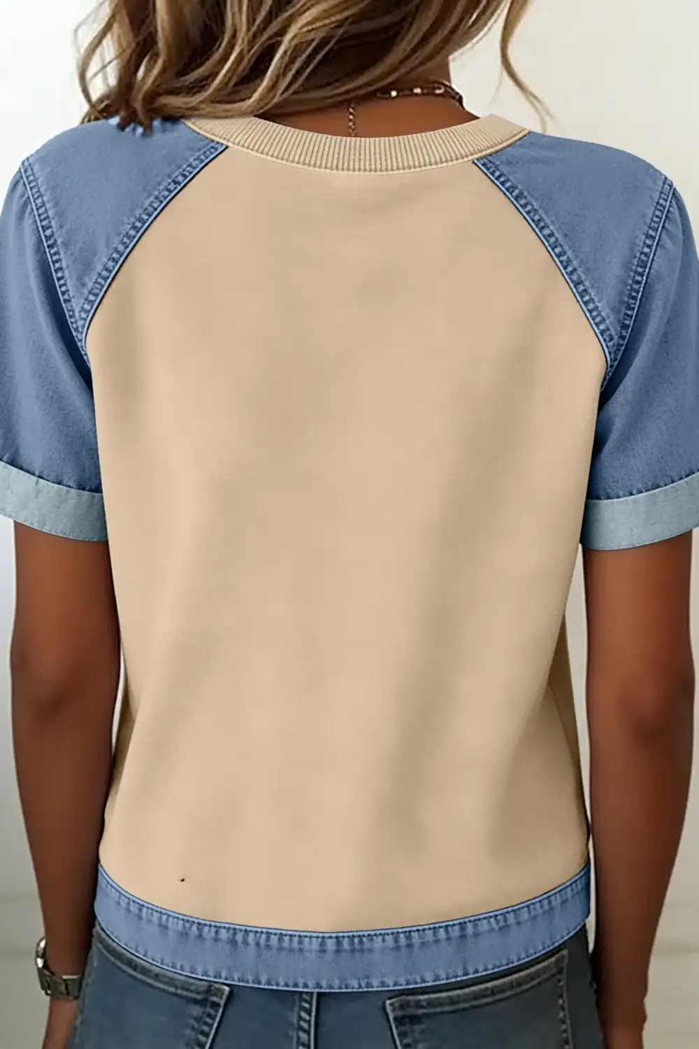 Denim Contrast Blocked Patchwork Round Neck Tee