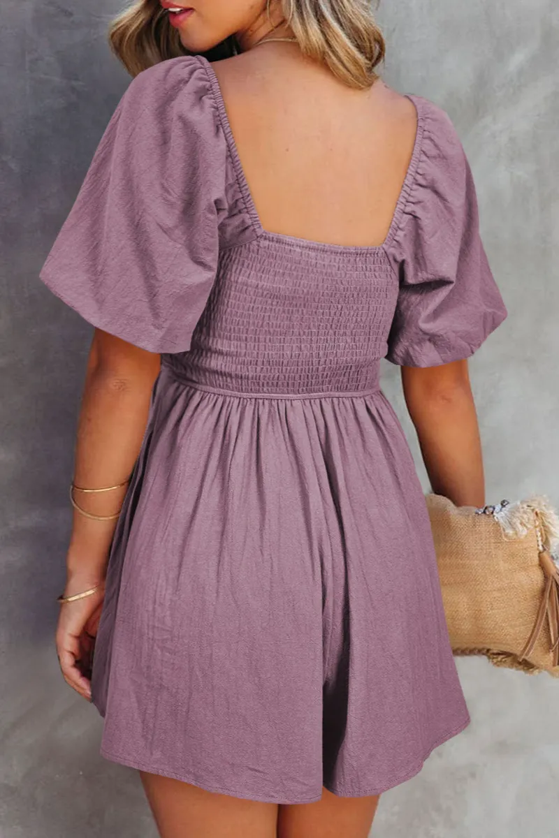 Cotton Square Neck Ruched Puff Sleeve Romper
