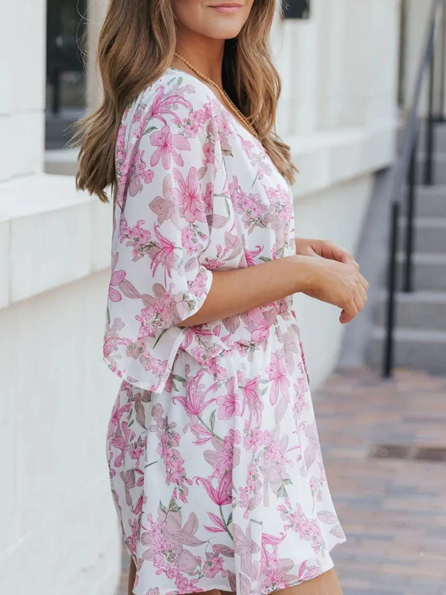 Sexy pink floral waist romper