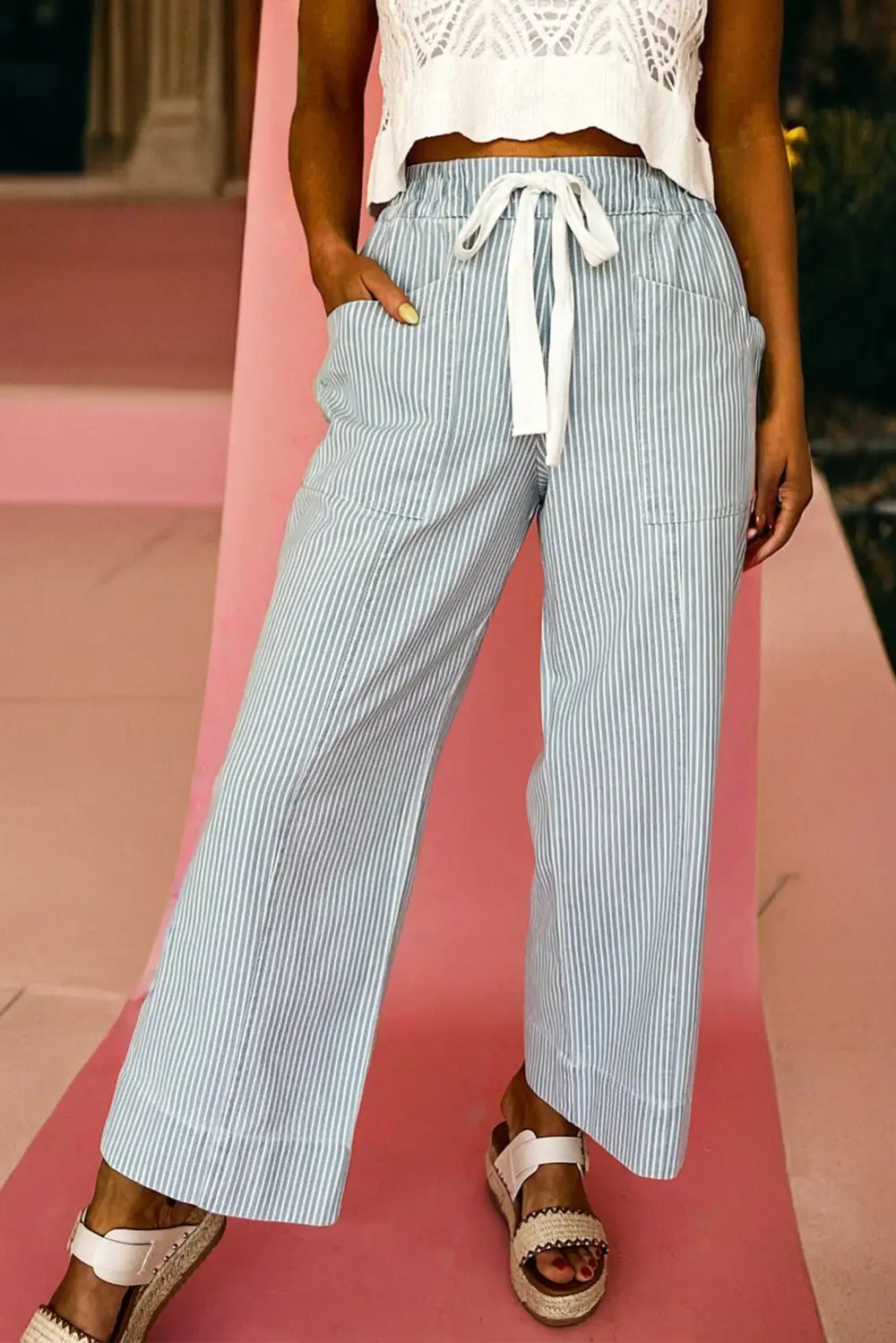 Stripe Mid Rise Drawstring Waist Jeans