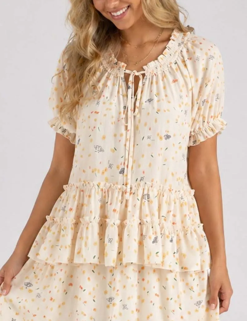 Ruffle Hem Neck Short Sleeves Babydoll Blouse
