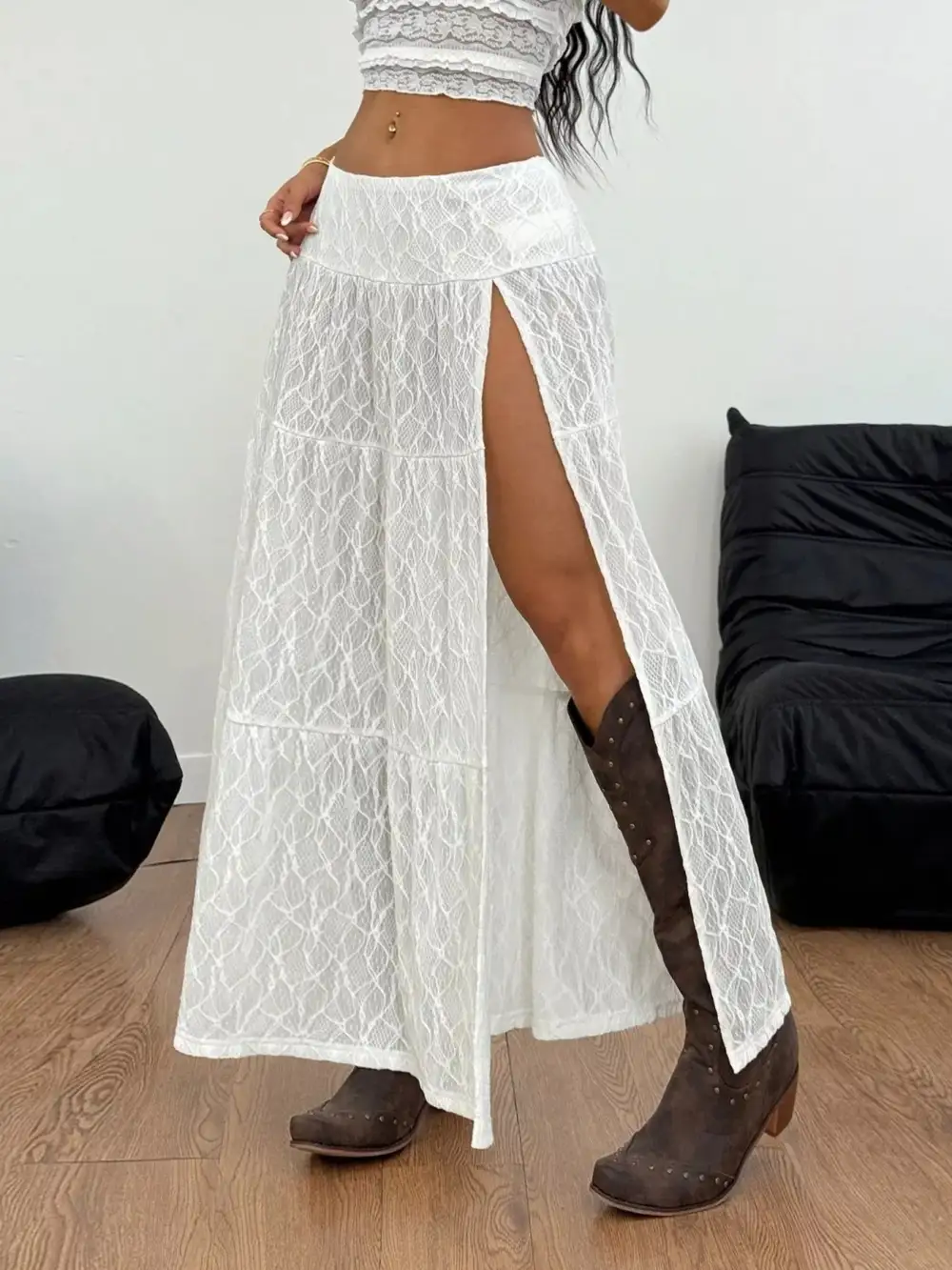 Casual Lace Slit Skirt