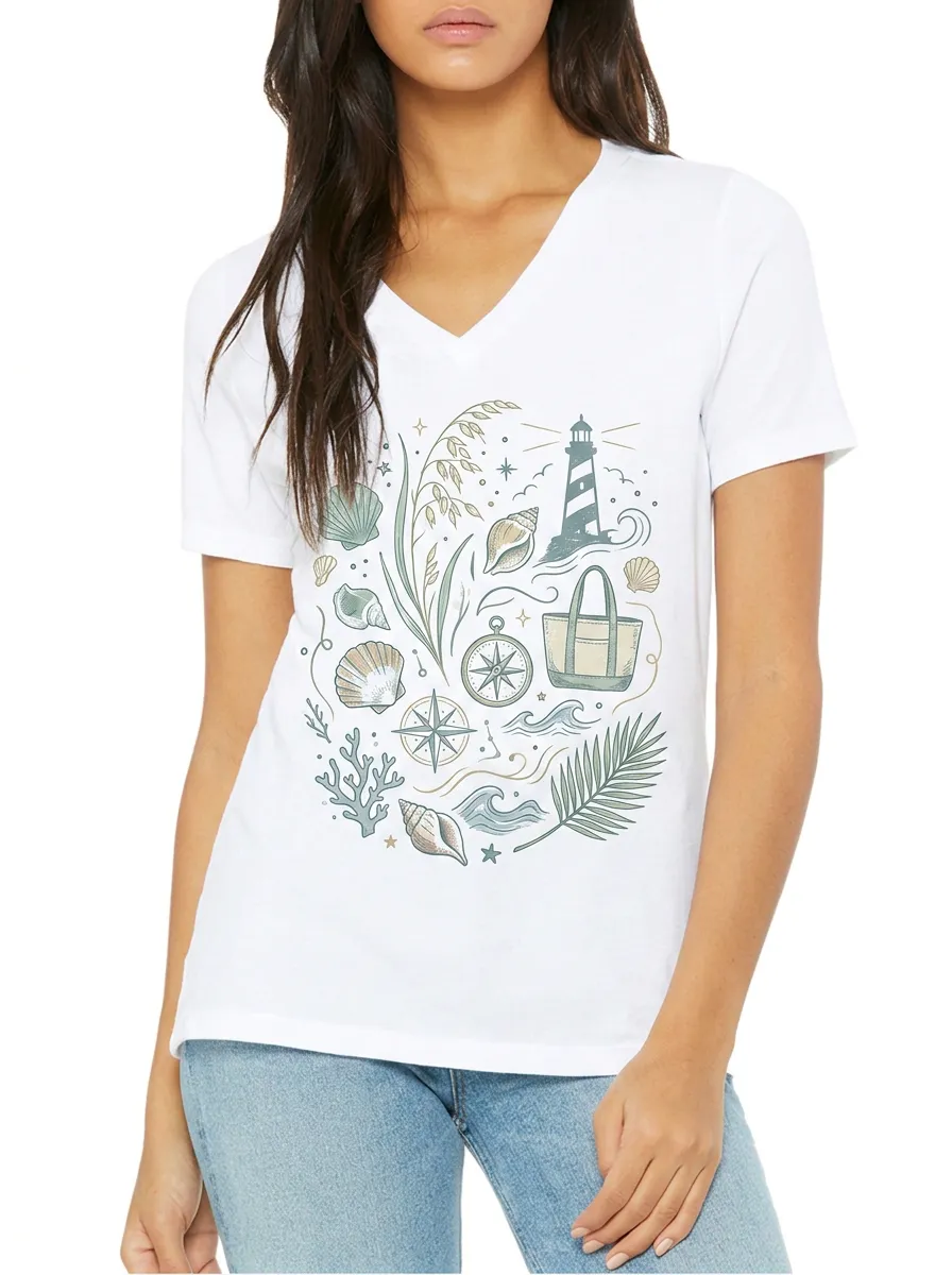 Women's Coastal Beach Lover Lighthouse Seashell Printed V-neck T-shirt