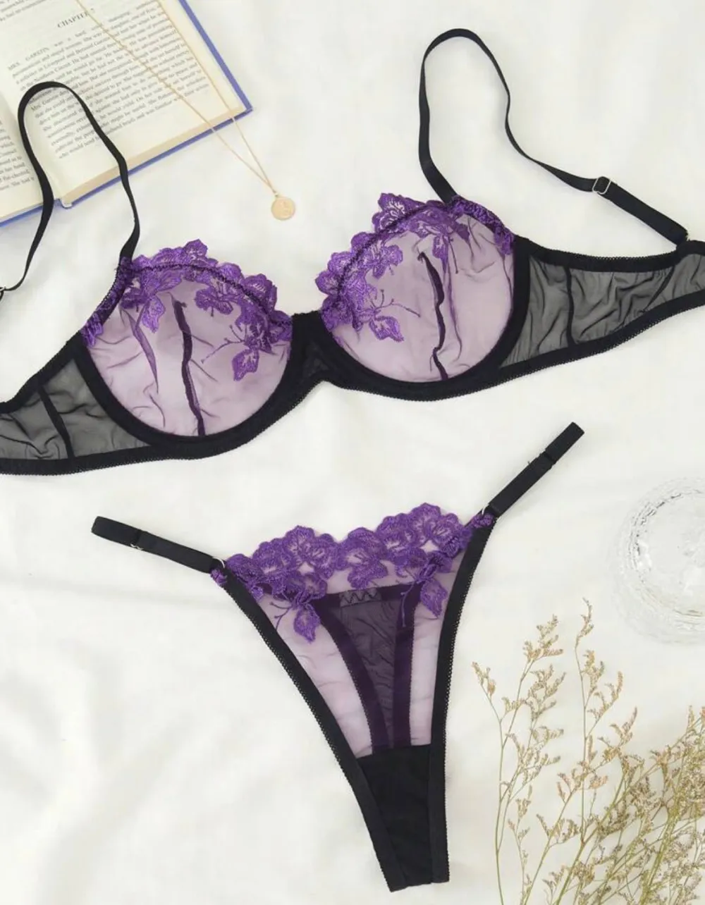 Embroidered Mesh Lingerie Set