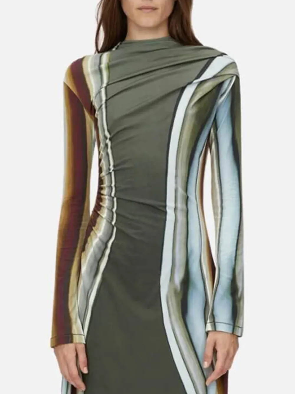 Printed Mock Neck Long Sleeve Dress
