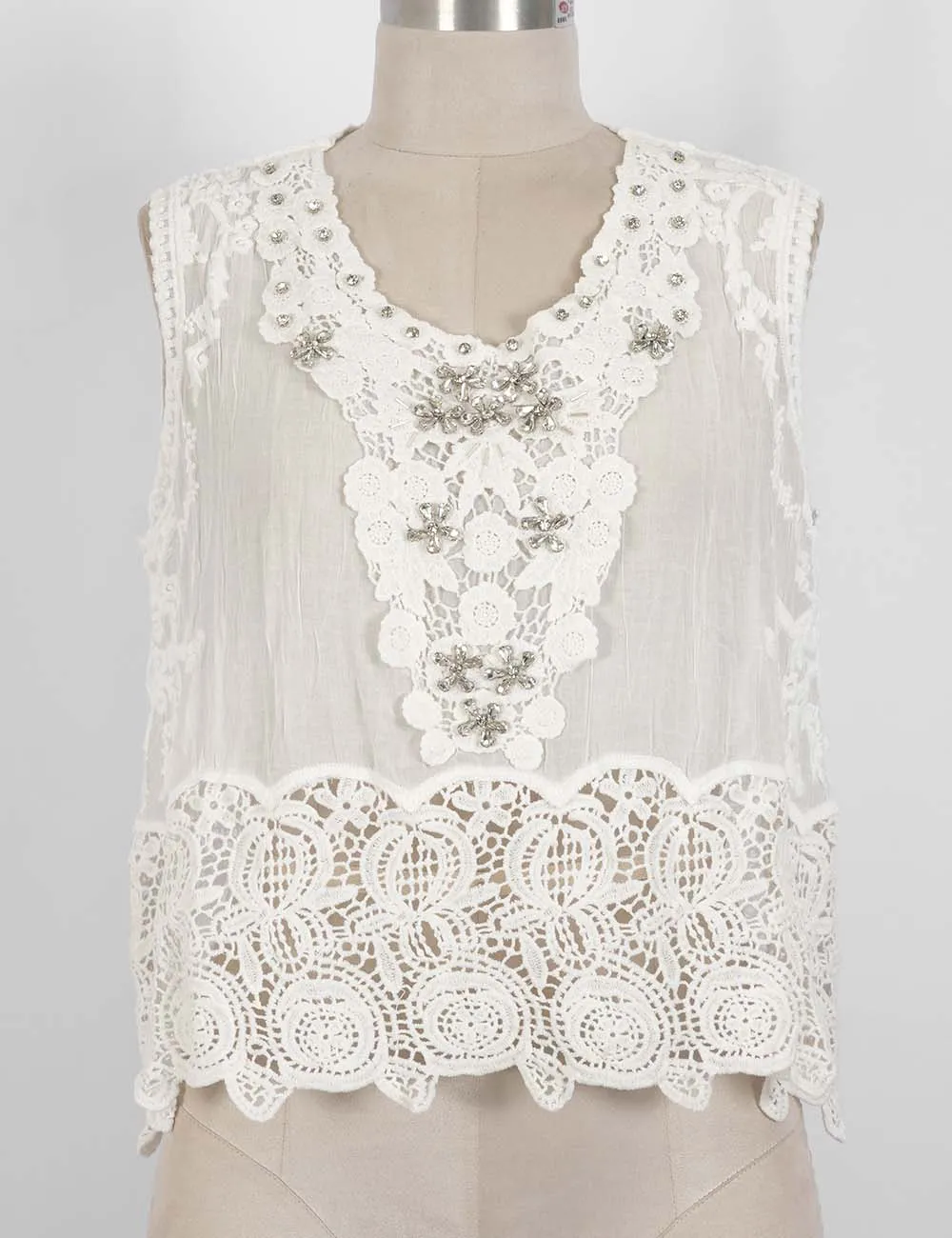Crochet Lace Rhinestone Beaded Sleeveless Top