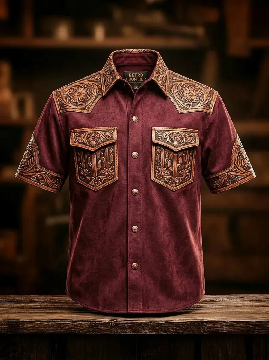Men's Western Cowboy Cactus Floral Tooled Leather Printed Shirt