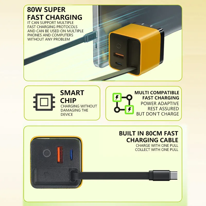 GaN Charger with Built-in Retractable Cable