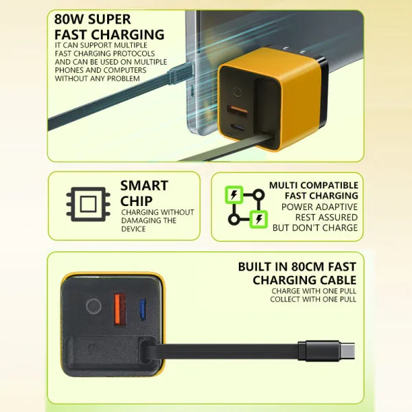 GaN Charger with Built-in Retractable Cable