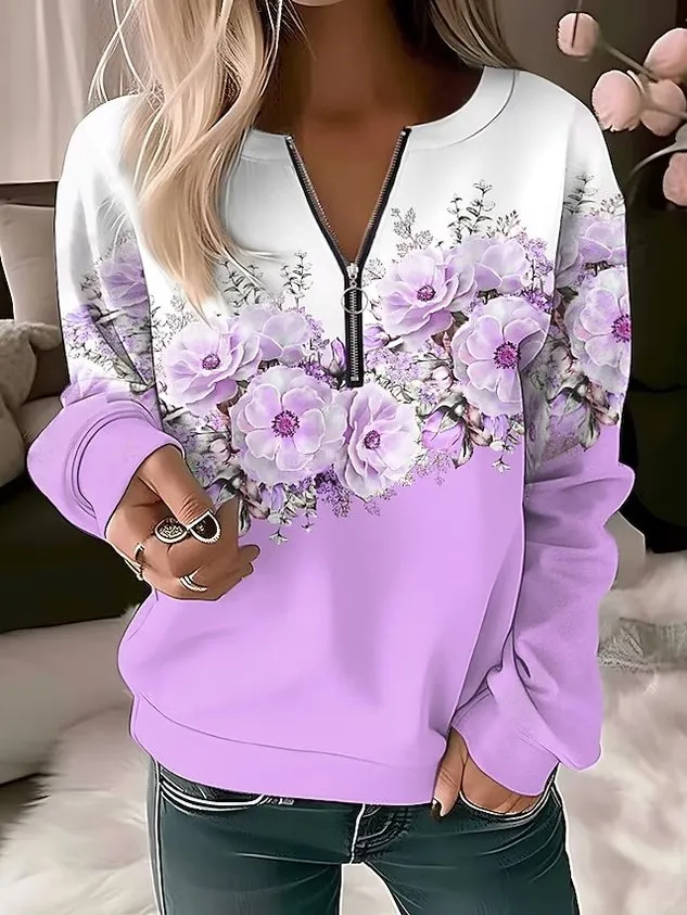 Casual Crew Neck Floral Sweatshirt