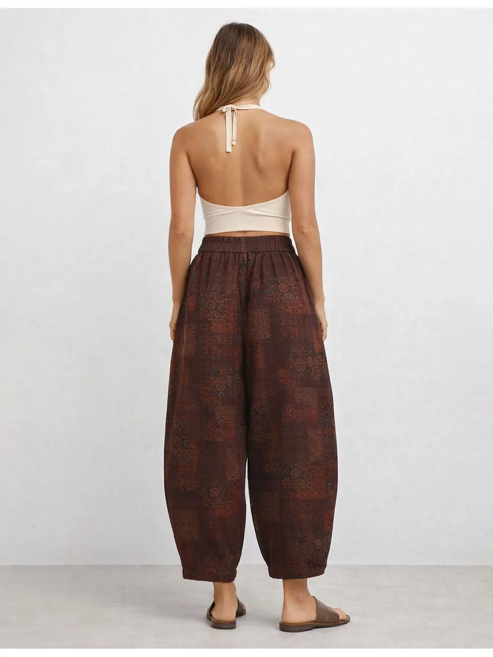 Boho Geometric Elastic Waist Barrel Leg Pants