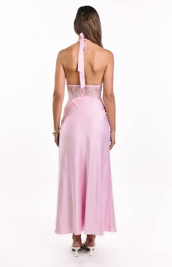 Satin Lace Halter Maxi Dress