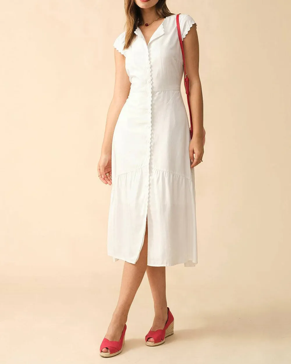 Lapel Collar White Dress