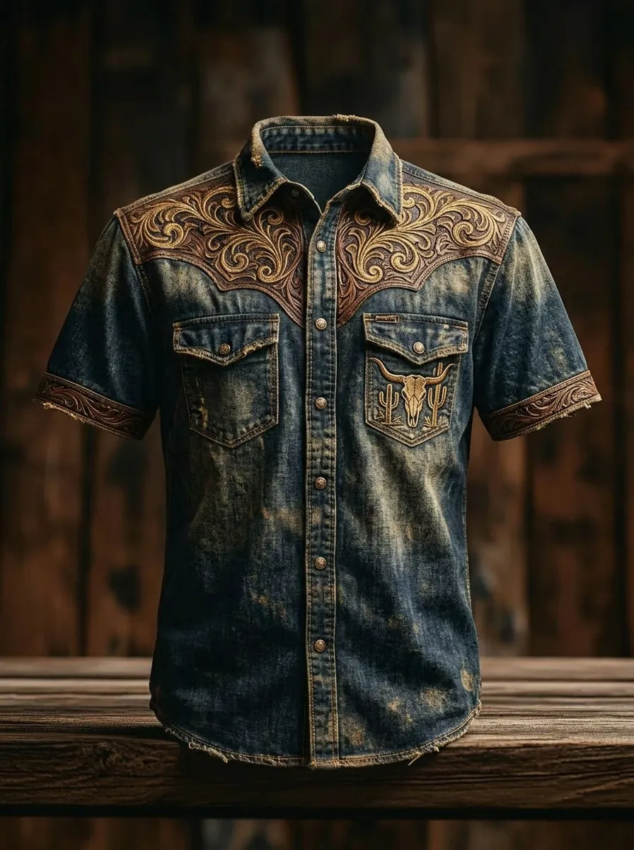 Men's Western Style Bull Skull Cactus Tooled Leather Pattern Printed Shirt