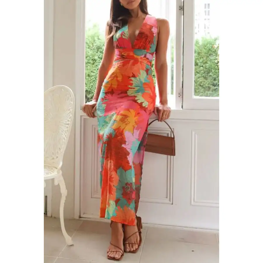Split Crisscross Back Printed Plunge Maxi Dress