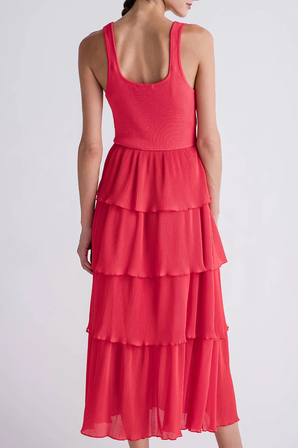 Merci Pleated Tiered Midi Dress - redorange