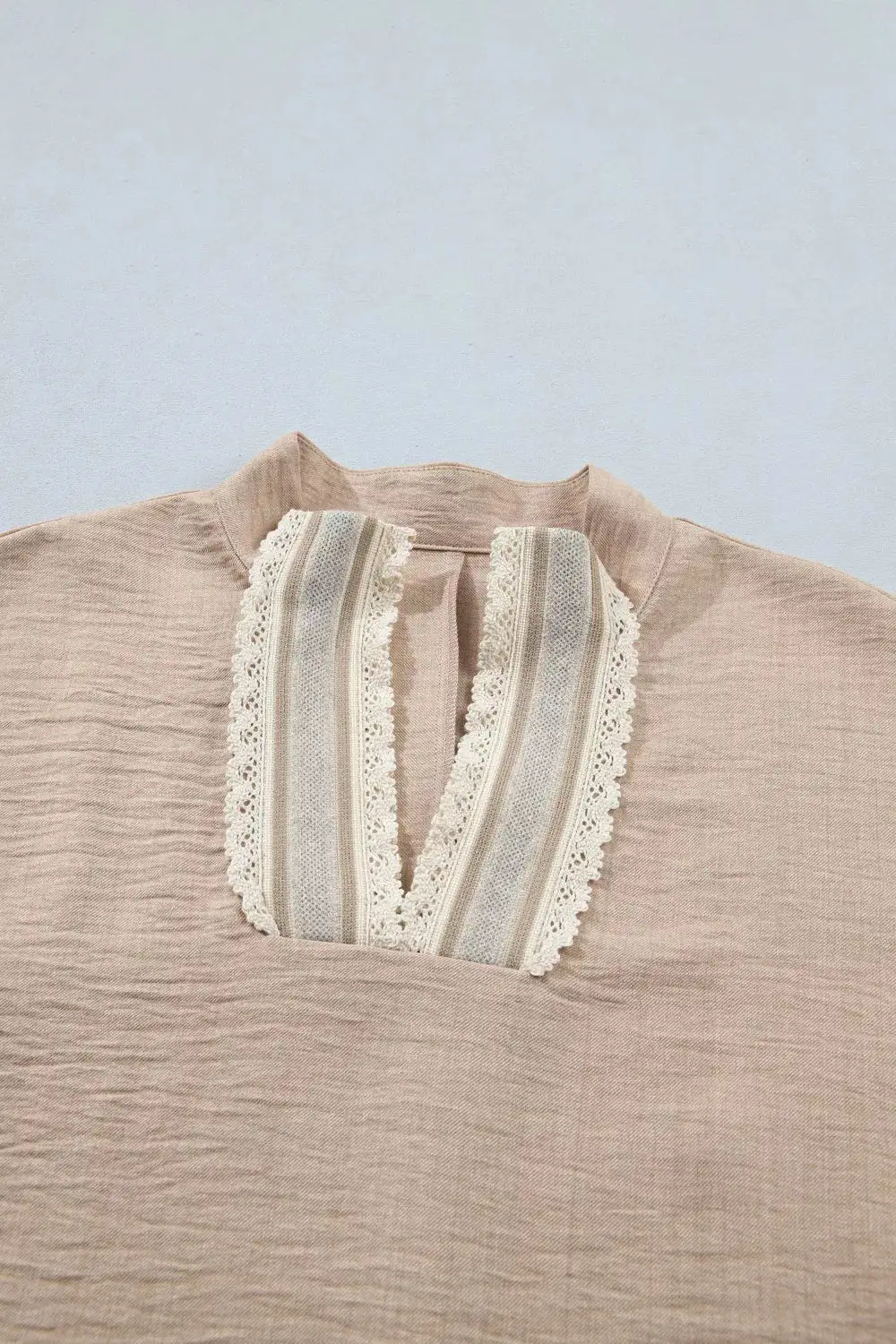 Crochet Lace Accent Pullover Rolled Short Sleeve