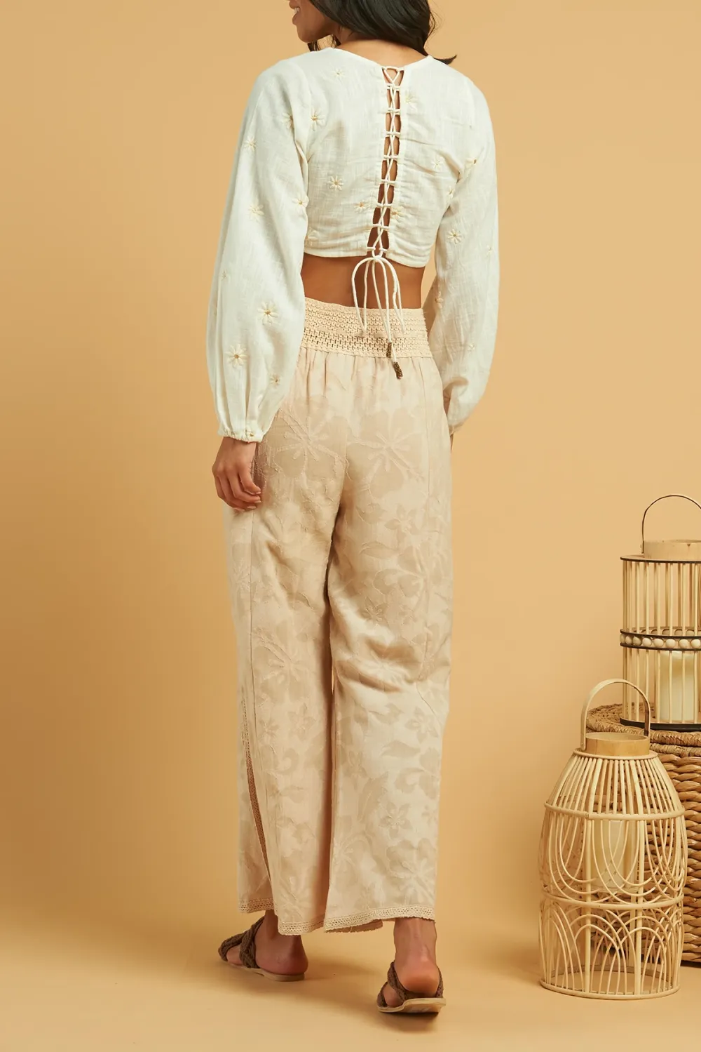 White Embroidered V Neck Crop Top