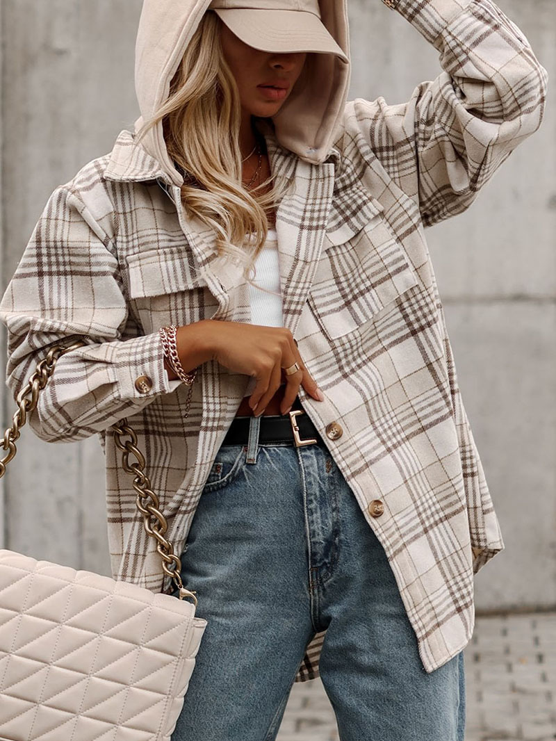 Khaki Plaid Removable Hood Buttoned Shacket