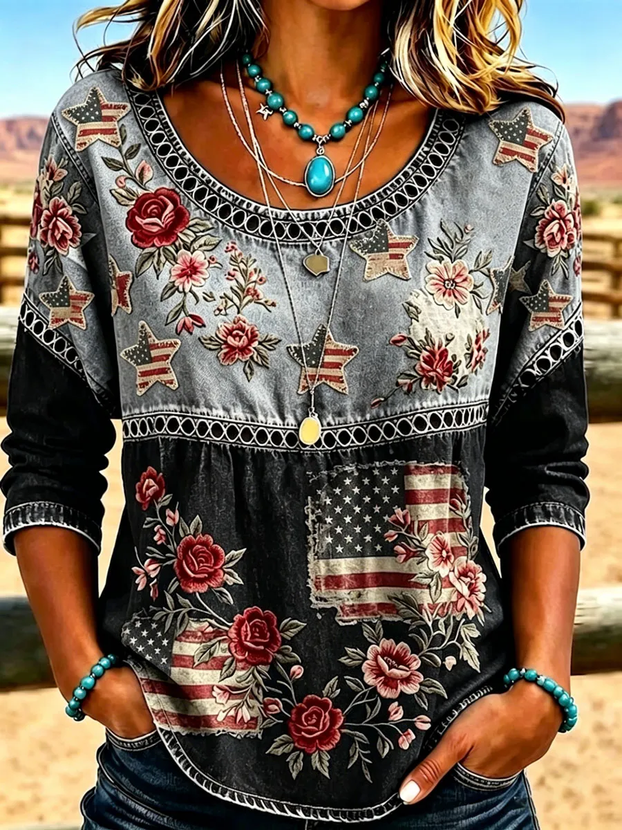 Women's Casual Round-Neck Printed Cotton-Linen Top