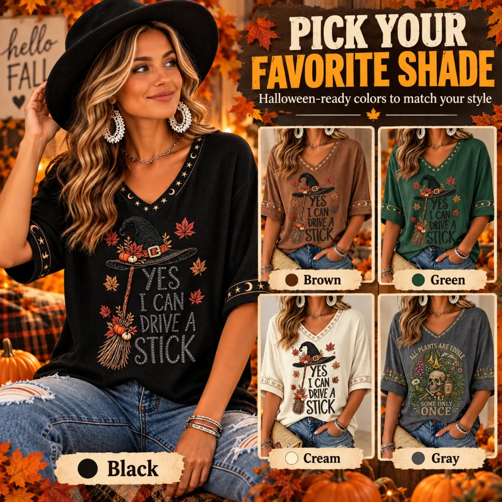 Halloween Witch Hat Print V-Neck Half-Sleeve T-Shirt