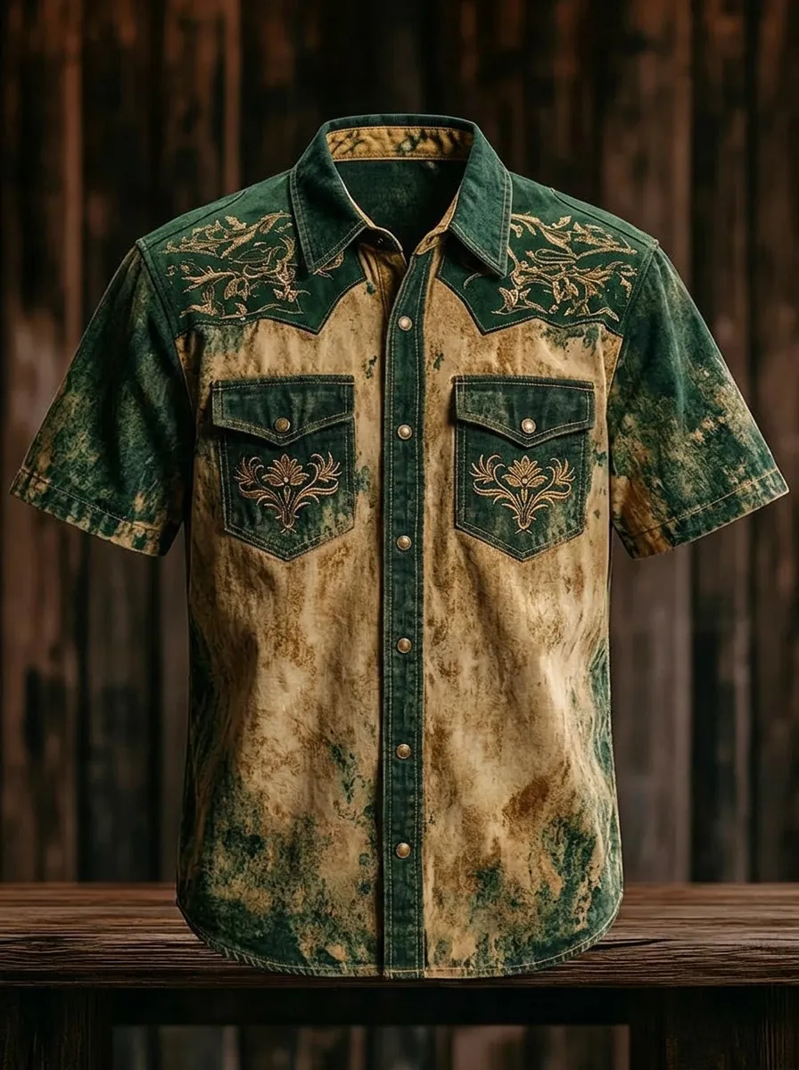 Men's Western Style Floral Embroidery Acid Wash Printed Shirt