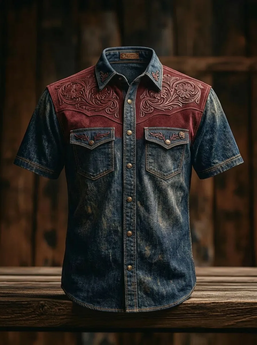 Men's Western Cowboy Floral Embossed Printed Shirt
