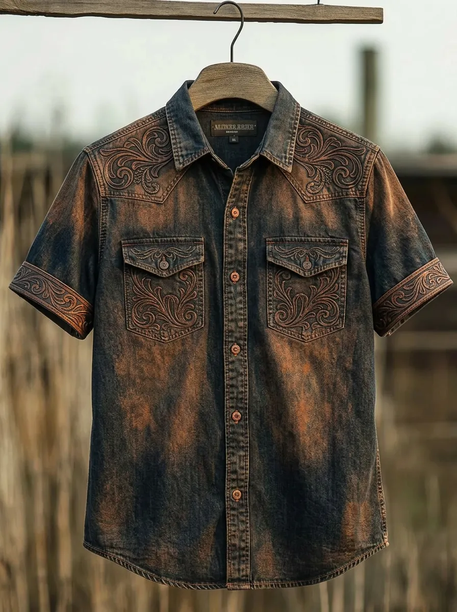 Men's Western Cowboy Floral Tooled Leather Printed Shirt