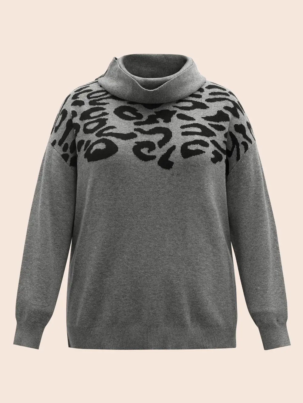 Leopard Print Turtleneck Drop Shoulder Sleeve Pullover