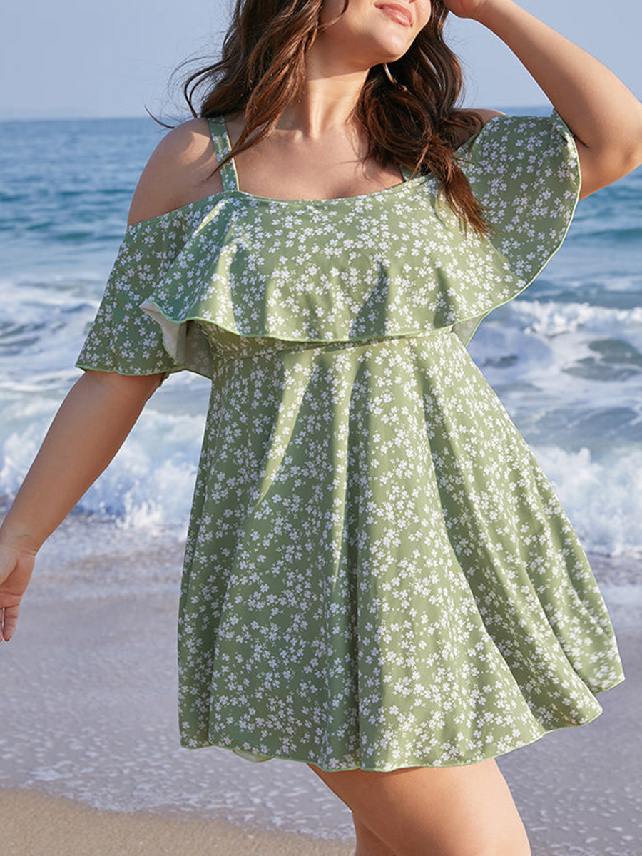 Green ruffled off-the-shoulder one-piece swimsuit