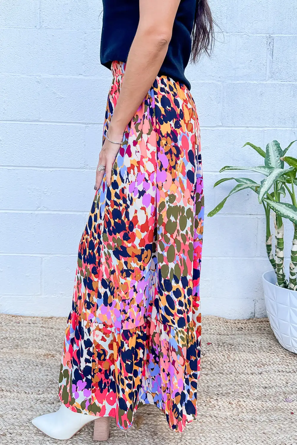 High Waist Elastic Waist Ruffle Maxi Skirt