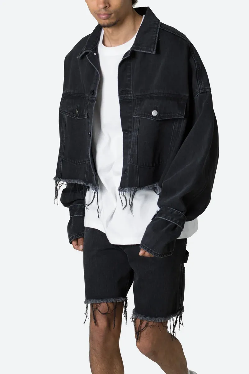 BLACK CROP STYLE DISTRESSED DENIM JACKET
