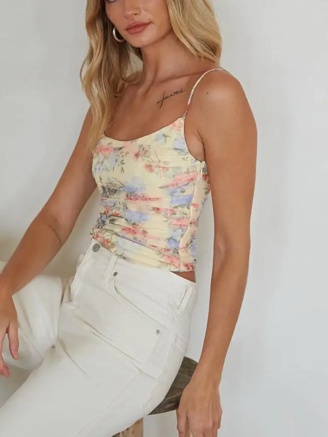 Ruched Floral Mesh Top