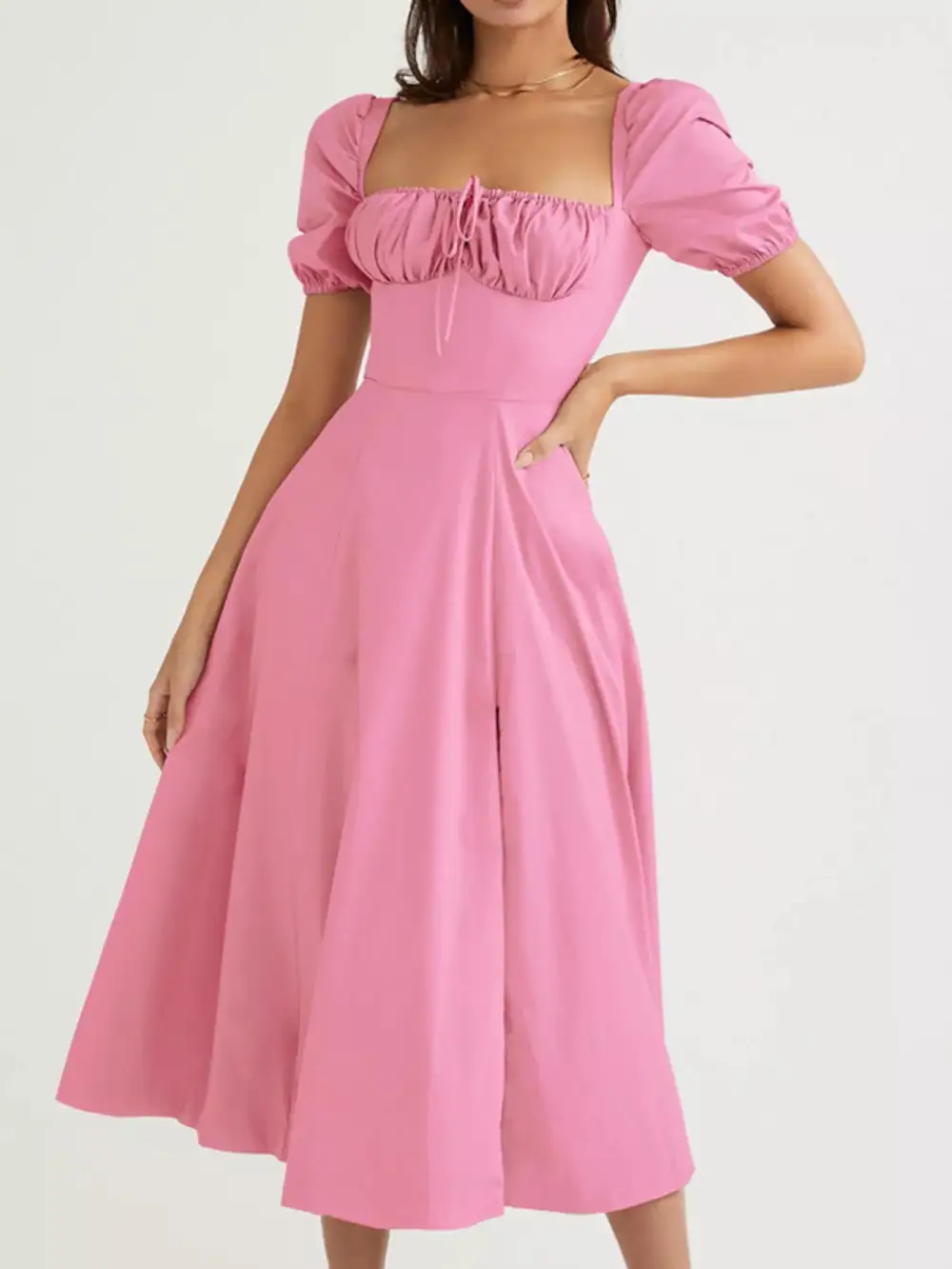Slit Puff Sleeve Midi Dress