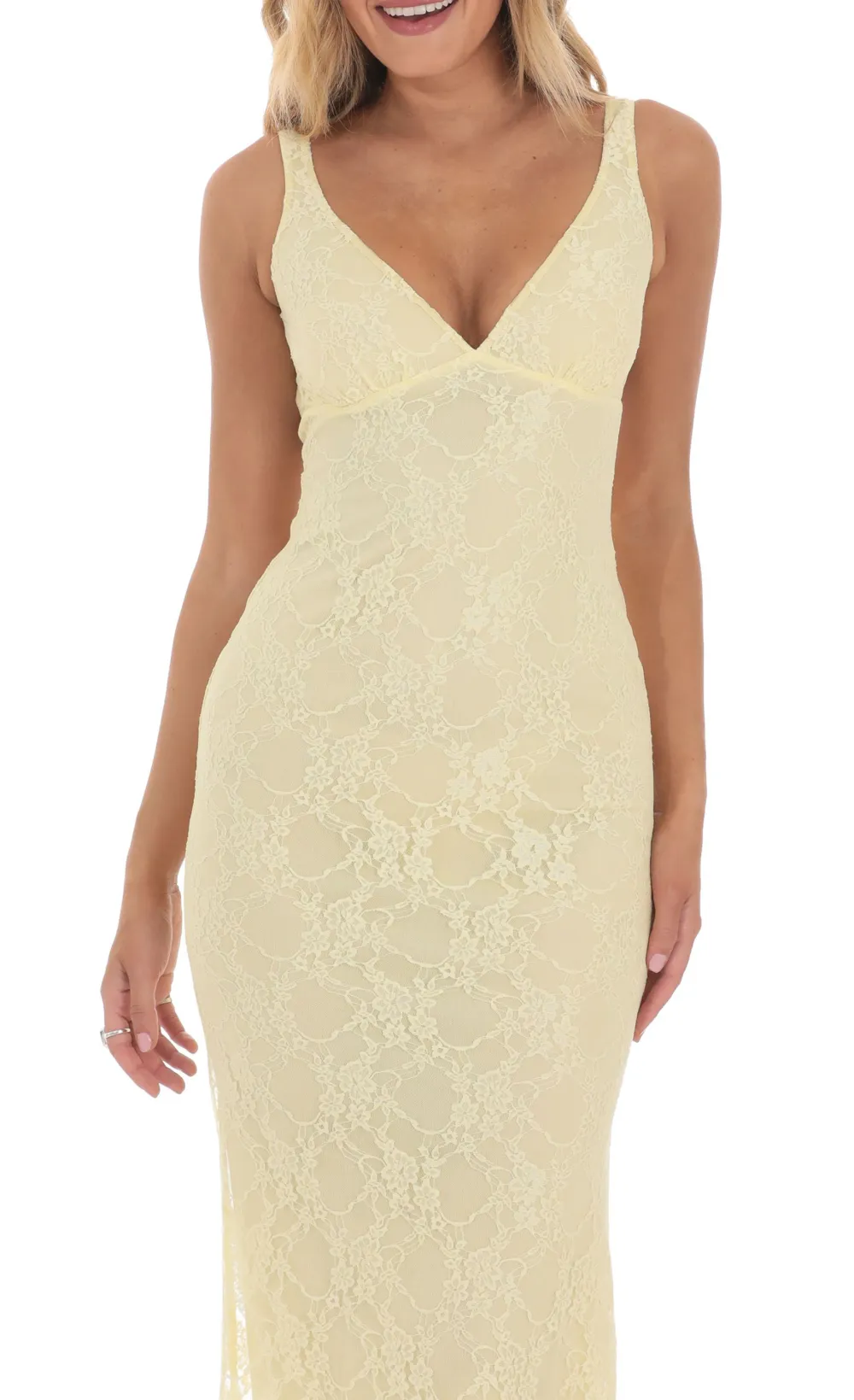 Open Back Lace Midi Dress In Yellow