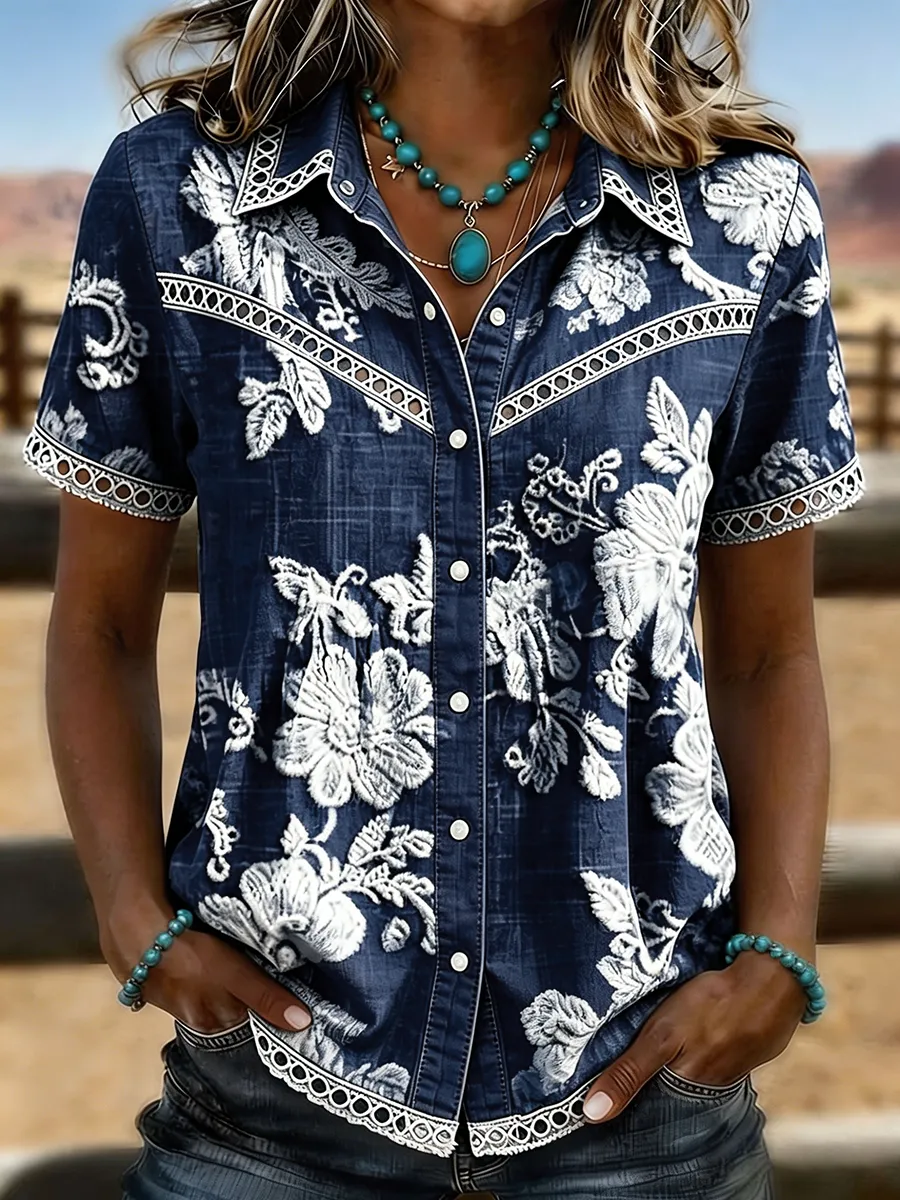 Women's Vintage Floral Embossed Lace Trim Western Short Sleeve Shirt