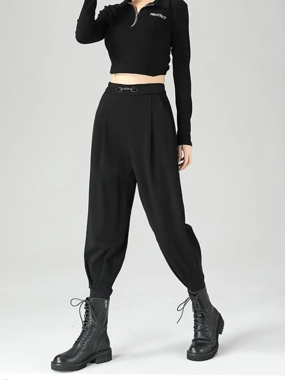 High Waisted Buckle Detail Tapered Pants