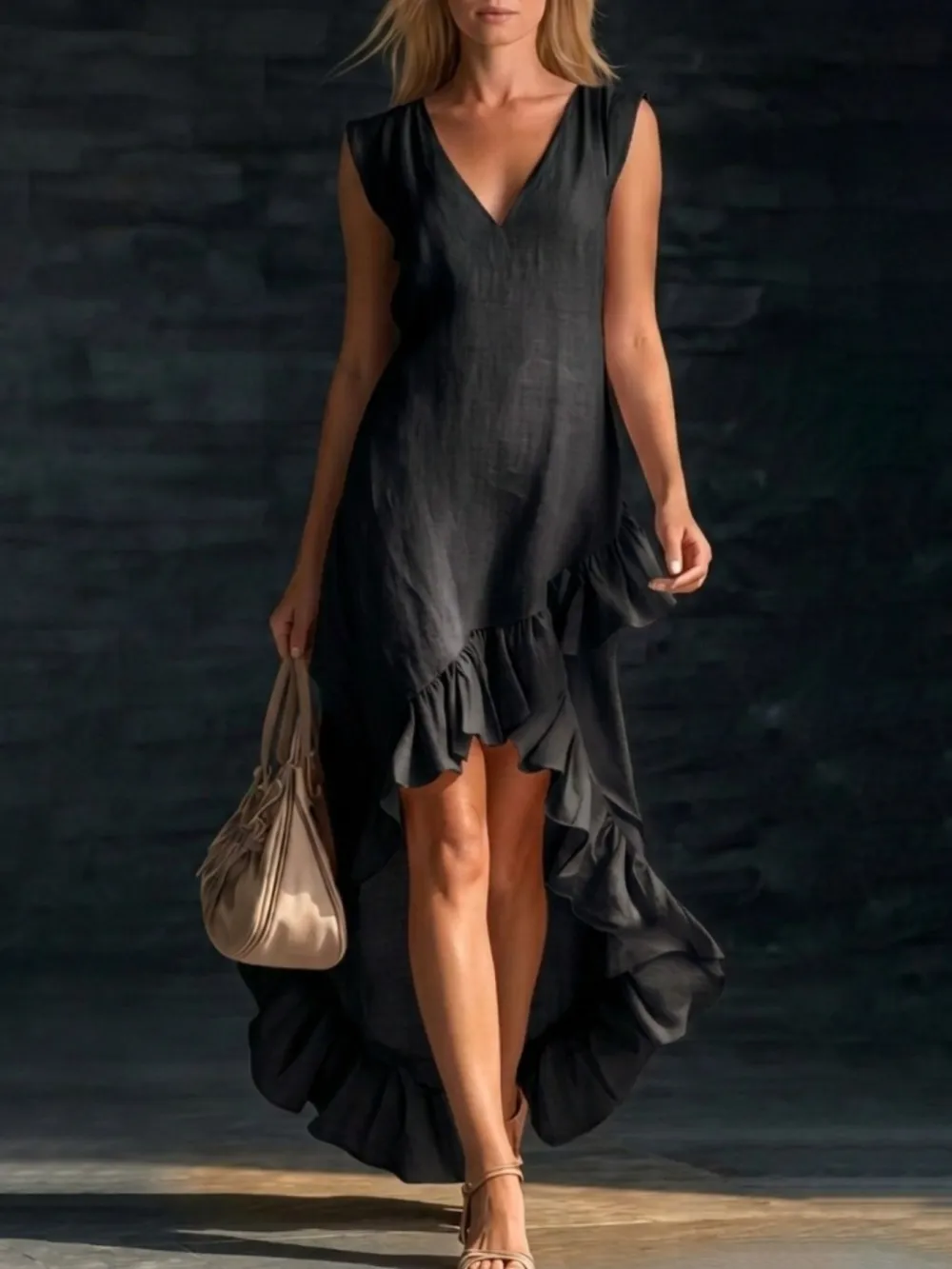 Structured Shape V Neck Ruffle Sleeveless Dress