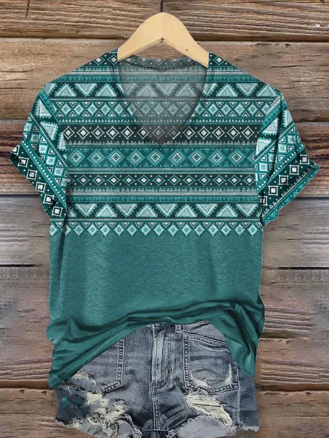Women's Vintage Aztec Art Print Crew Tee T-Shirt