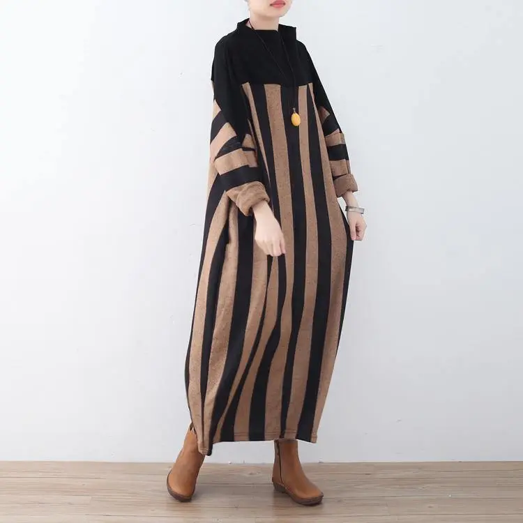 khaki striped long sweaters Loose fitting patchwork pullover Fine high neck winter dresses