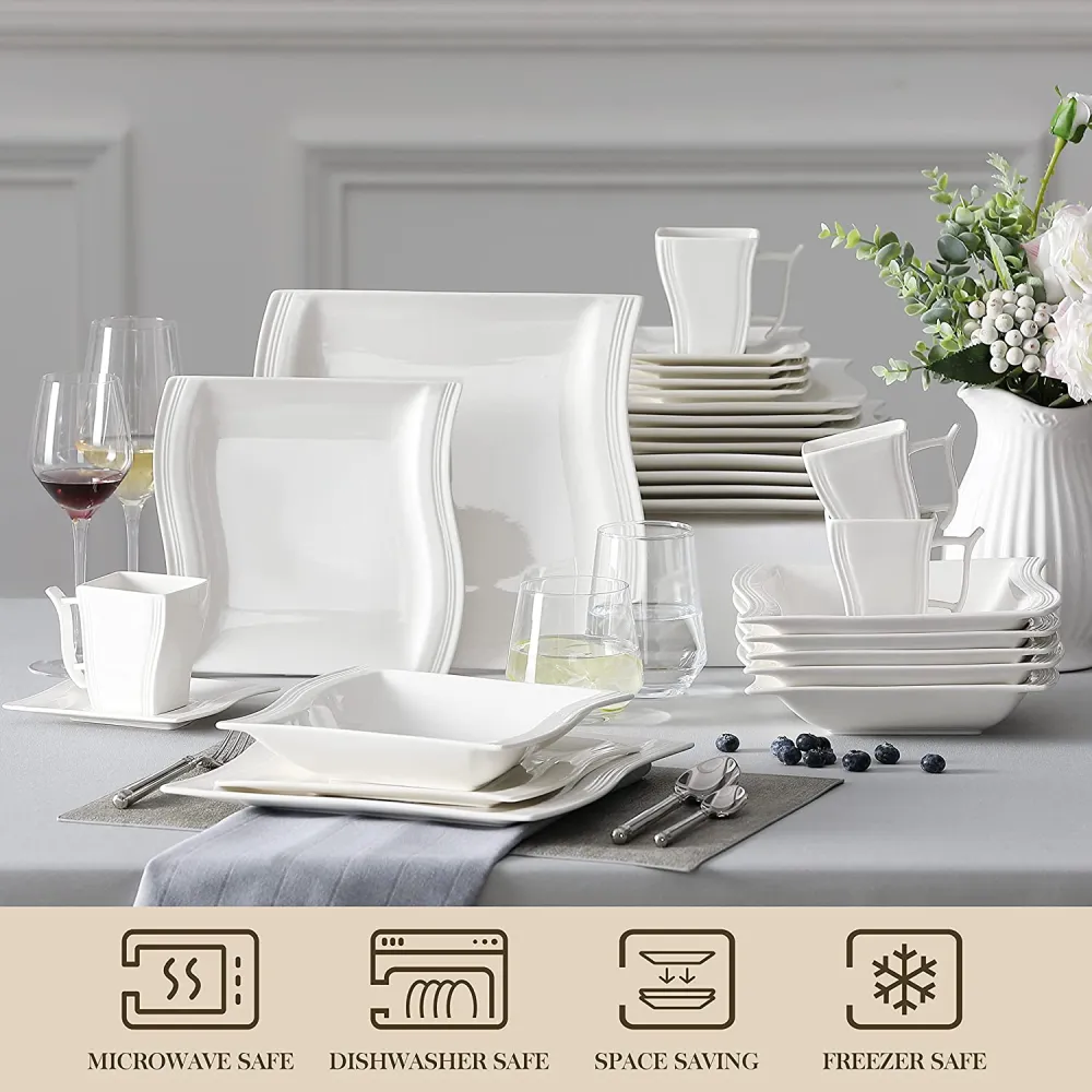 MALACASA Ivory White Dinnerware Sets, 60-Piece Square Dish Set for 12, Porcelain Dishes with Dinner Plates, Dessert Plates and Soup Plates, Cups and Saucers, Modern Dinnerware Oven Safe, Series Flora