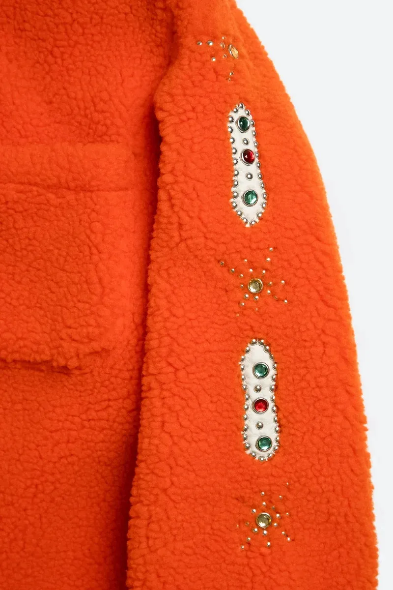 BRIGHT ORANGE SHERPA JACKET WITH PATCHES