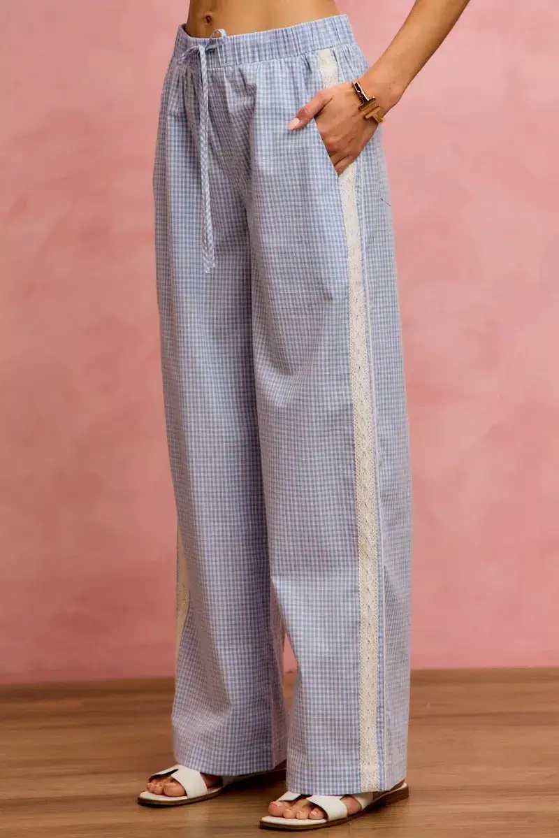 Wide Check Pants with Side Lace Trim and Piping