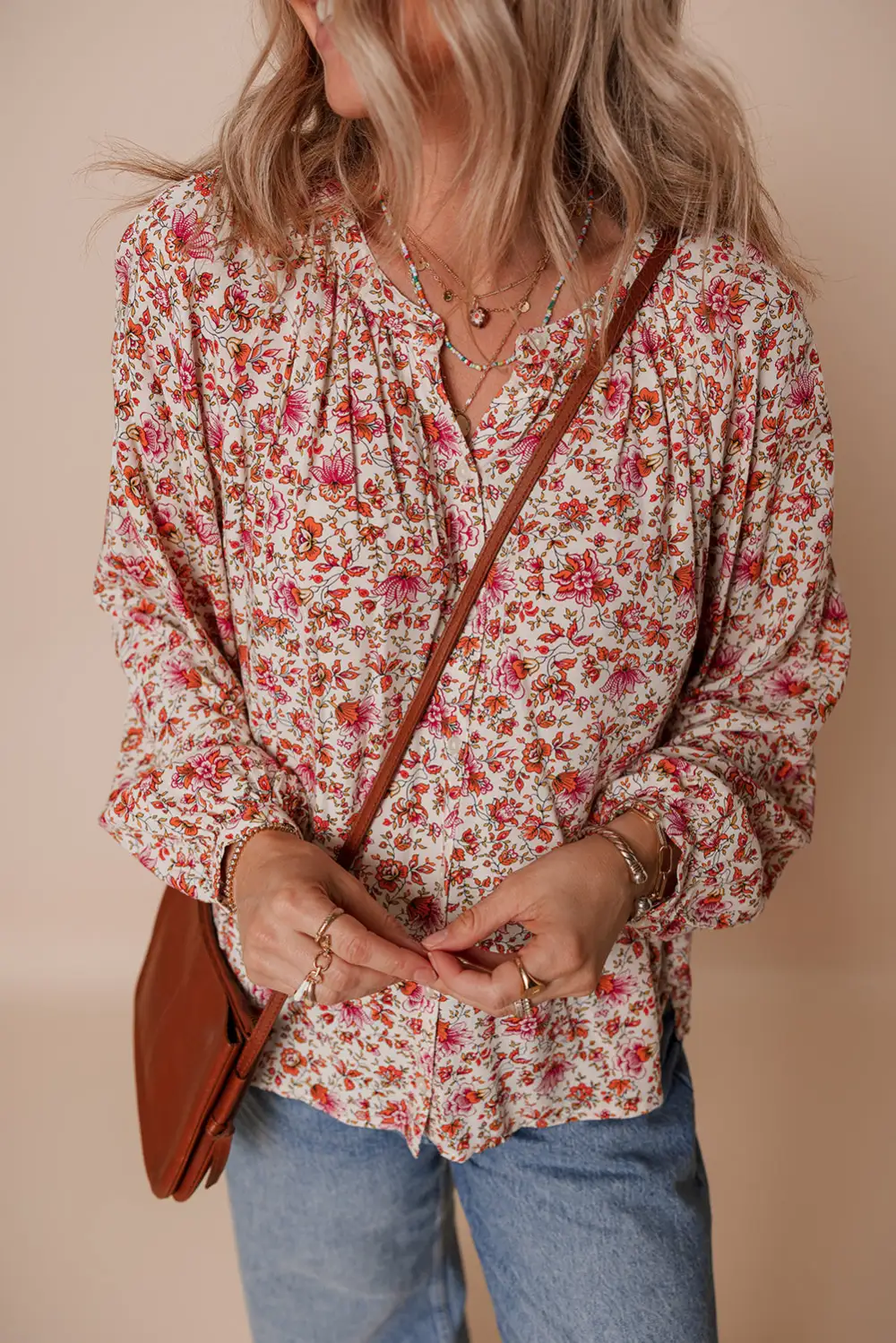 Red Floral Print Pleated Detail Notched Neck Puff Sleeve Blouse