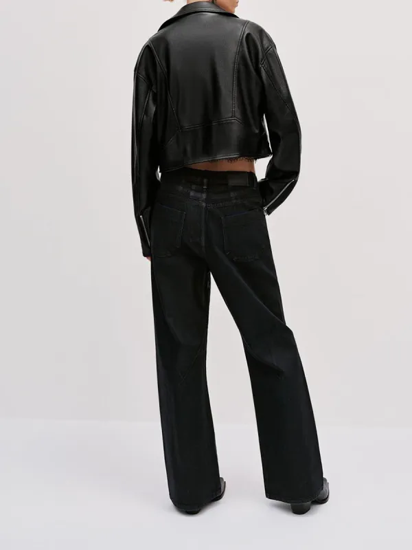 Ladies' Black Zipper Large Lapel Elegant Classic Style Jacket