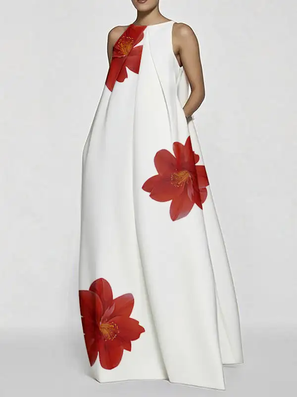 Asymmetric Floral Printed Sleeveless Neck Maxi Dress