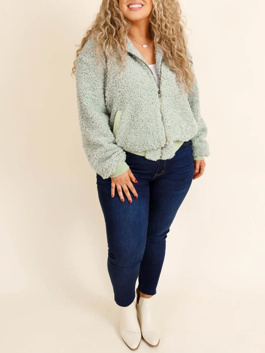 Plush Light Green Patchwork Ribbed Jacket