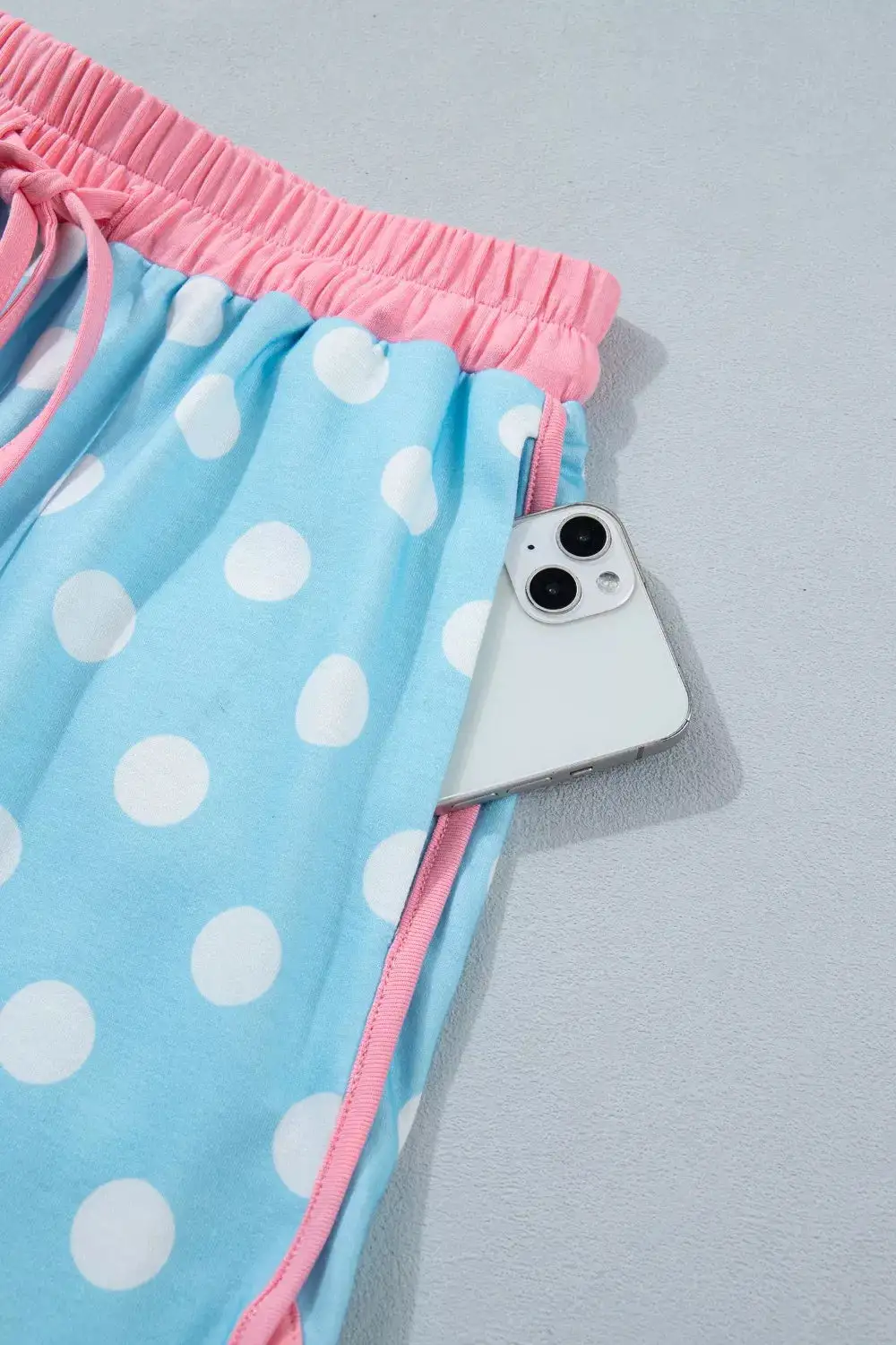 Polka Dot Contrast Trim Top Drawstring Shorts Set