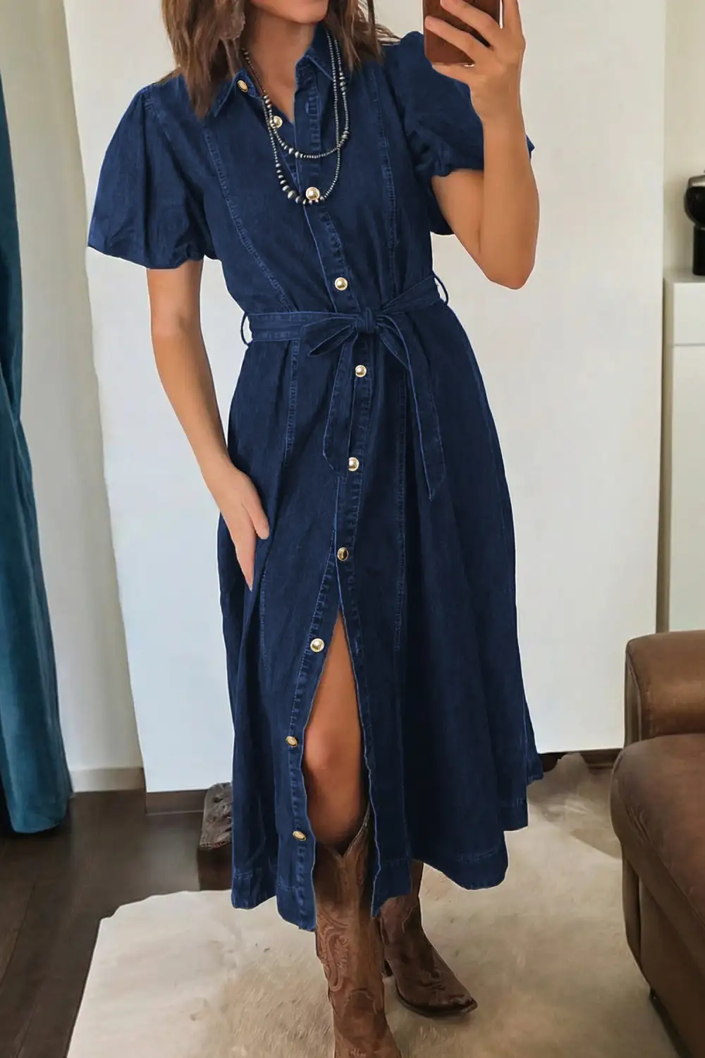 Denim Short Sleeve Collared Button Front Everyday Midi Dress